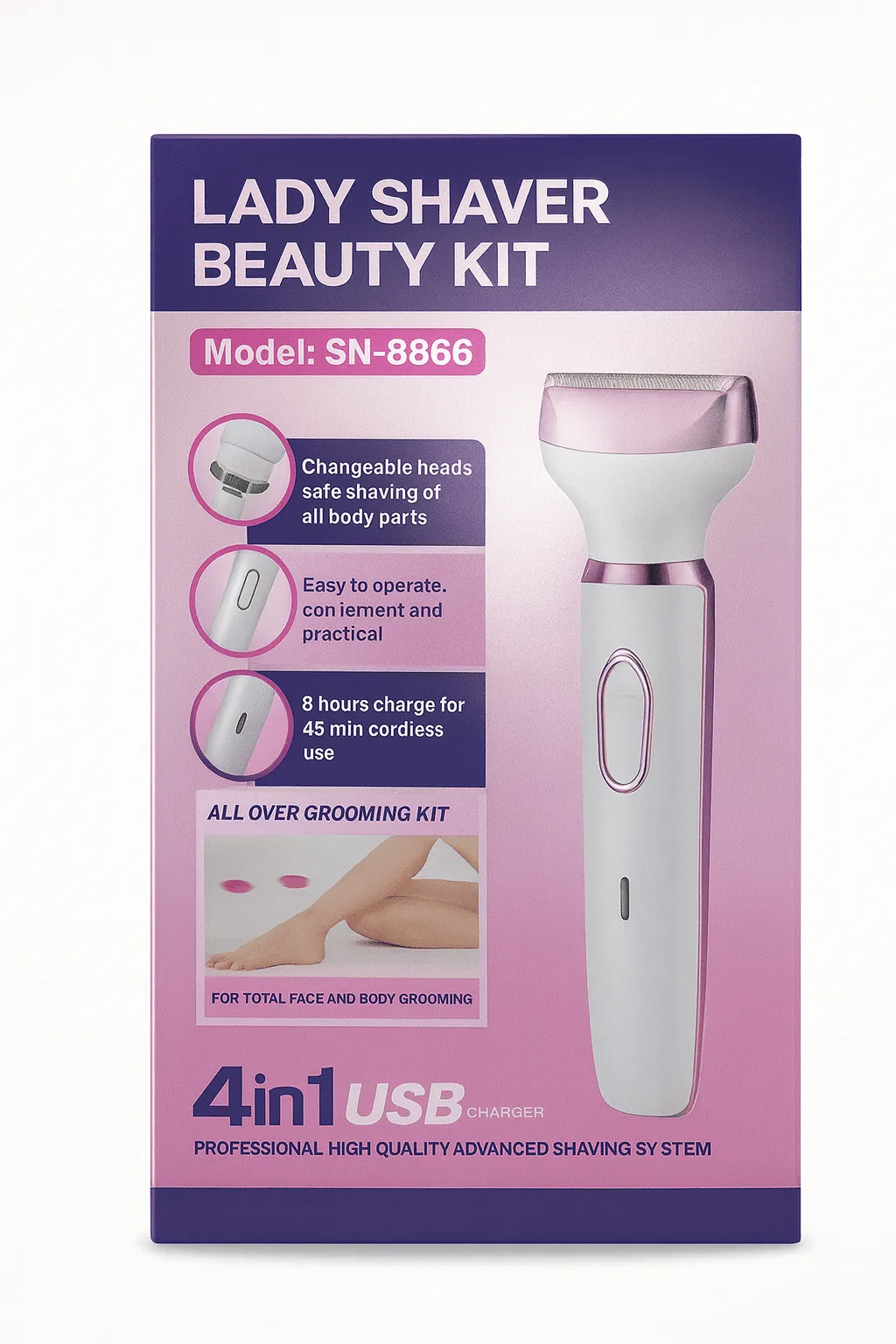 Lady Shaver Beauty Kit 4-in-1 Rechargeable Grooming Kit SN-8866
